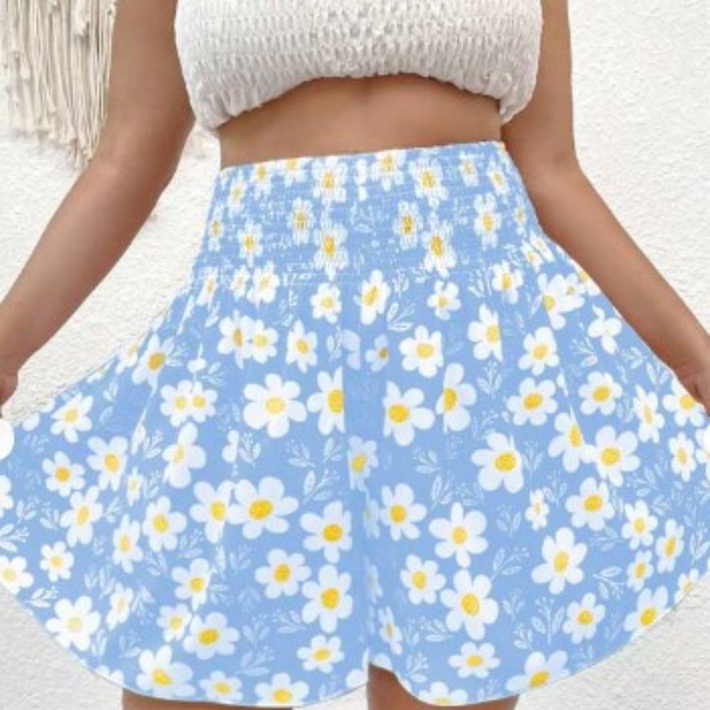 Baby Blue Floral Print Flare Hem Skort